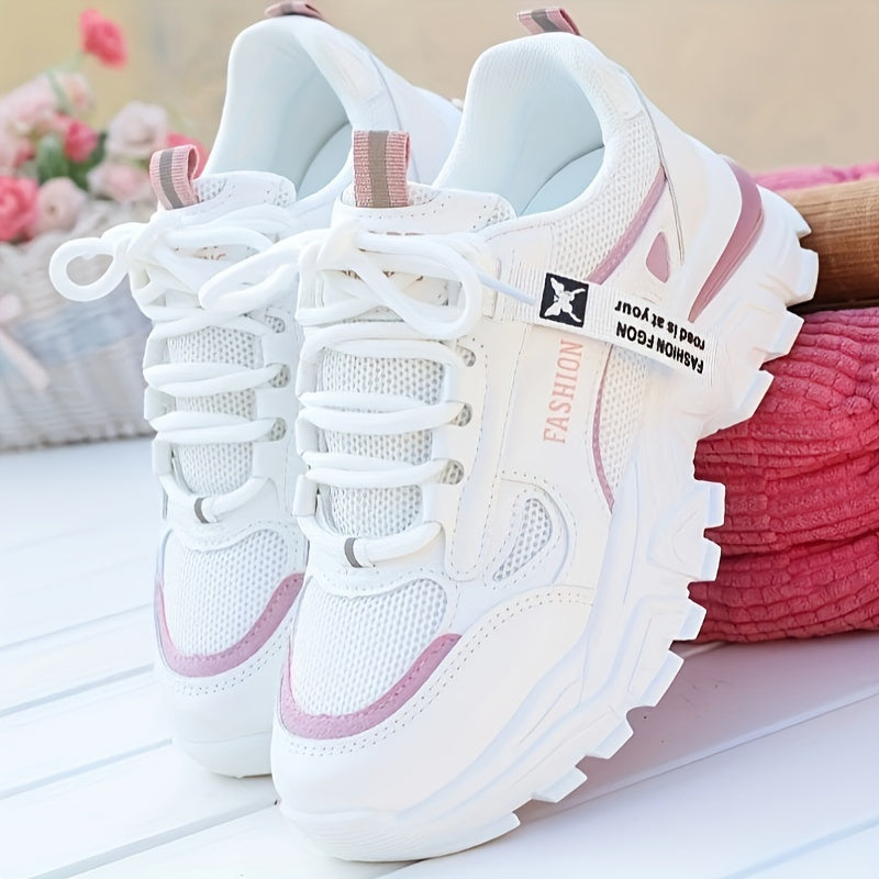 Women's White Mesh Low Top Sneakers with Lace-Up Closure and PVC Sole