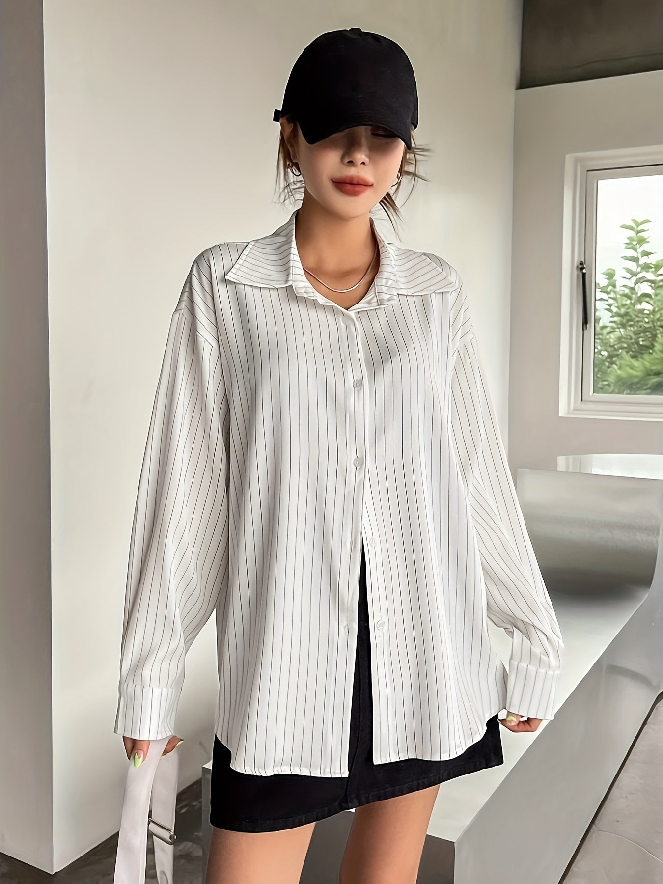 Women's Striped Drop Shoulder Shirt Long Sleeve Polyester Casual Wear for Spring Summer Fall
