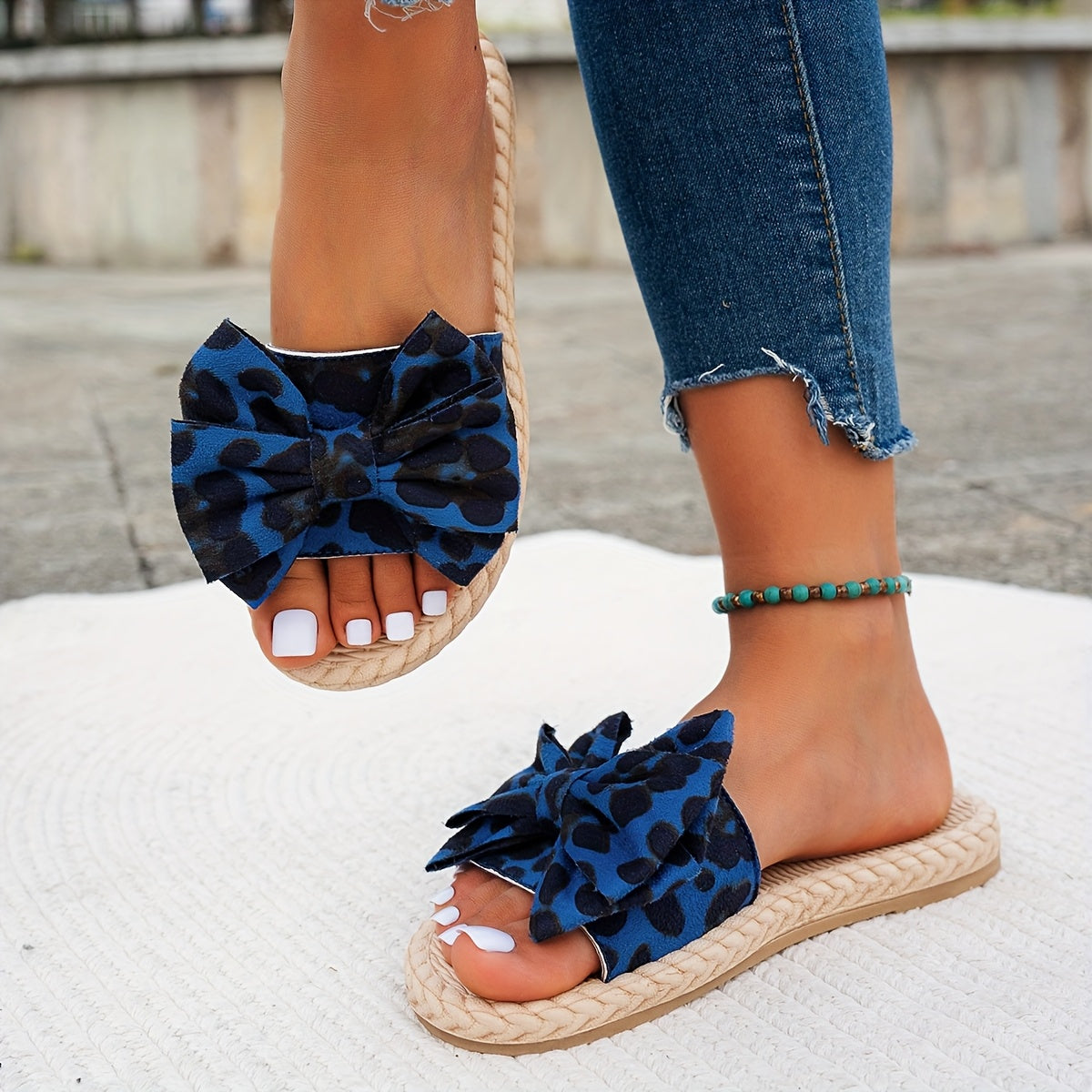 Women's Leopard Print Bow Slide Sandals Open Toe Non-Slip Flat Heel Blue Black