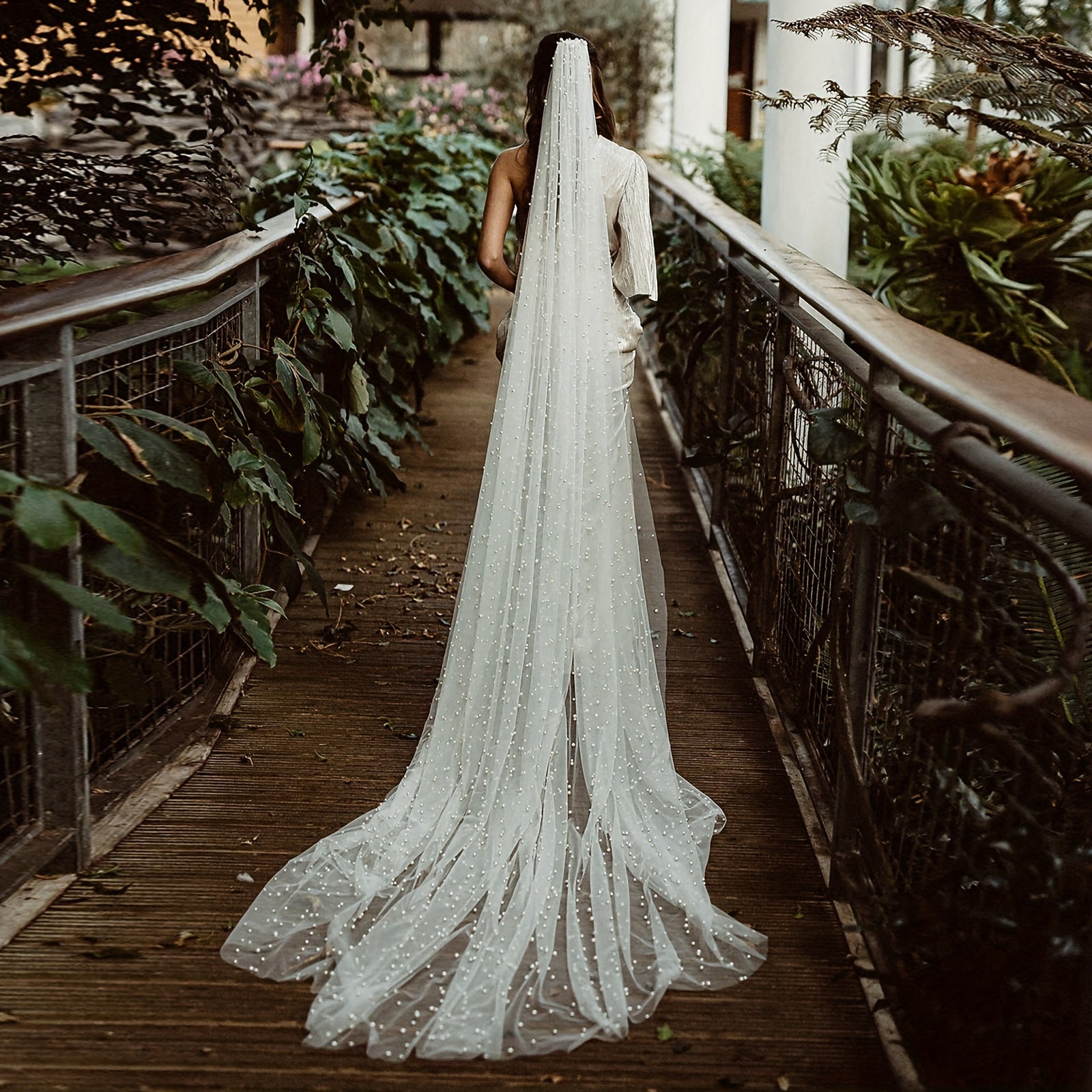 Bridal Veil with Rhinestones Long Train Polyester Tulle Hand Wash