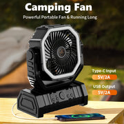 Portable Outdoor Fan Light Combo with USB Desk Fan Camping Lantern and Mobile Charger