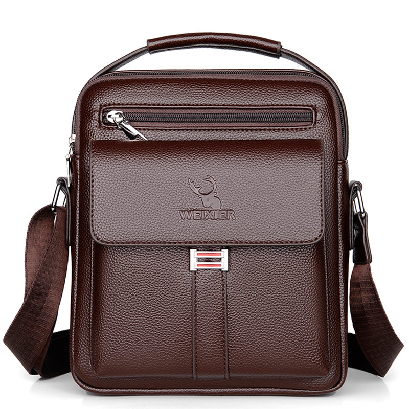 Men's Vintage Business Casual Shoulder Bag Black with Multiple Compartments and Zippered Pockets