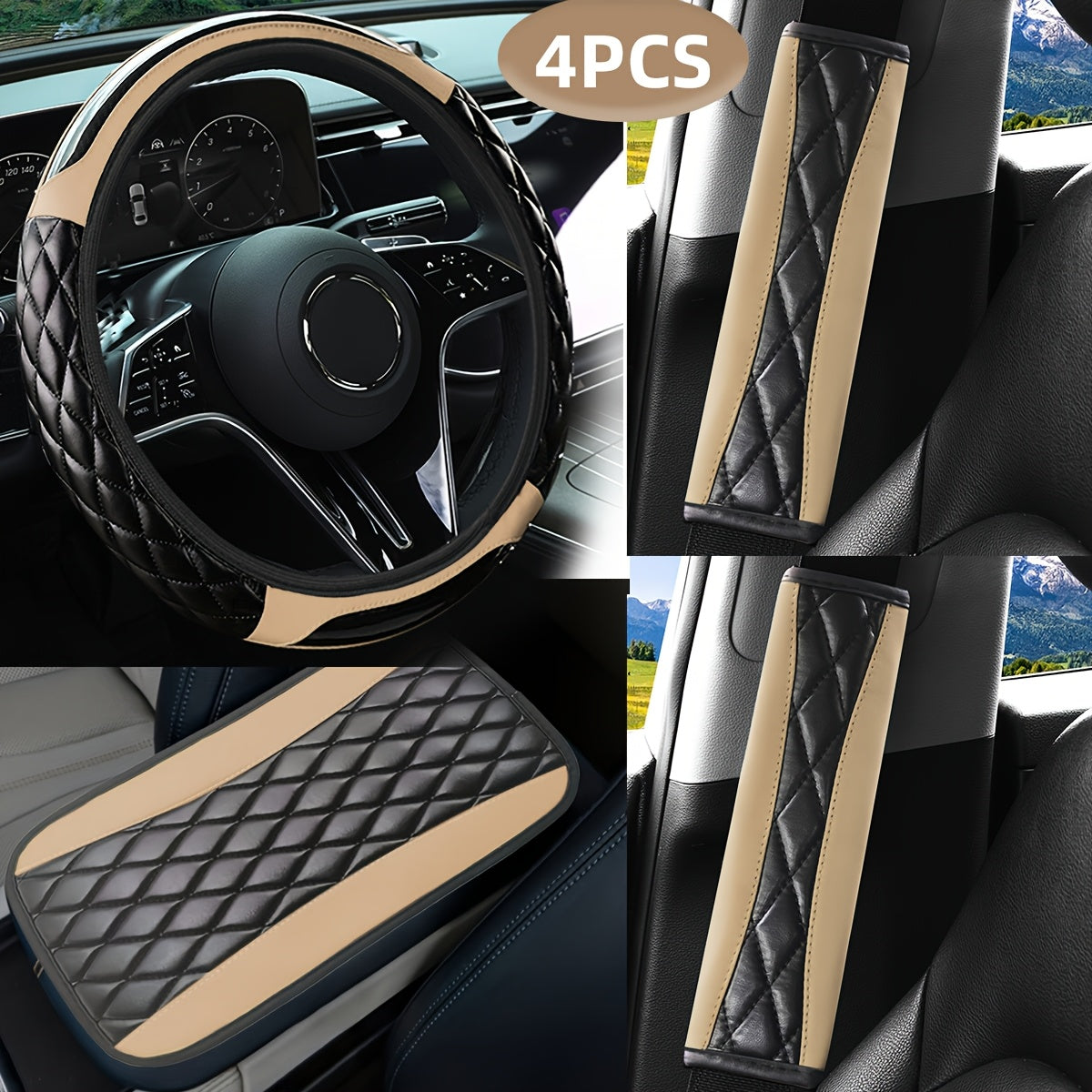 Juego de interior de coche de fibra de carbono para unisex incluye cubierta de volante, cubierta de cinturón de seguridad y almohadilla de reposabrazos