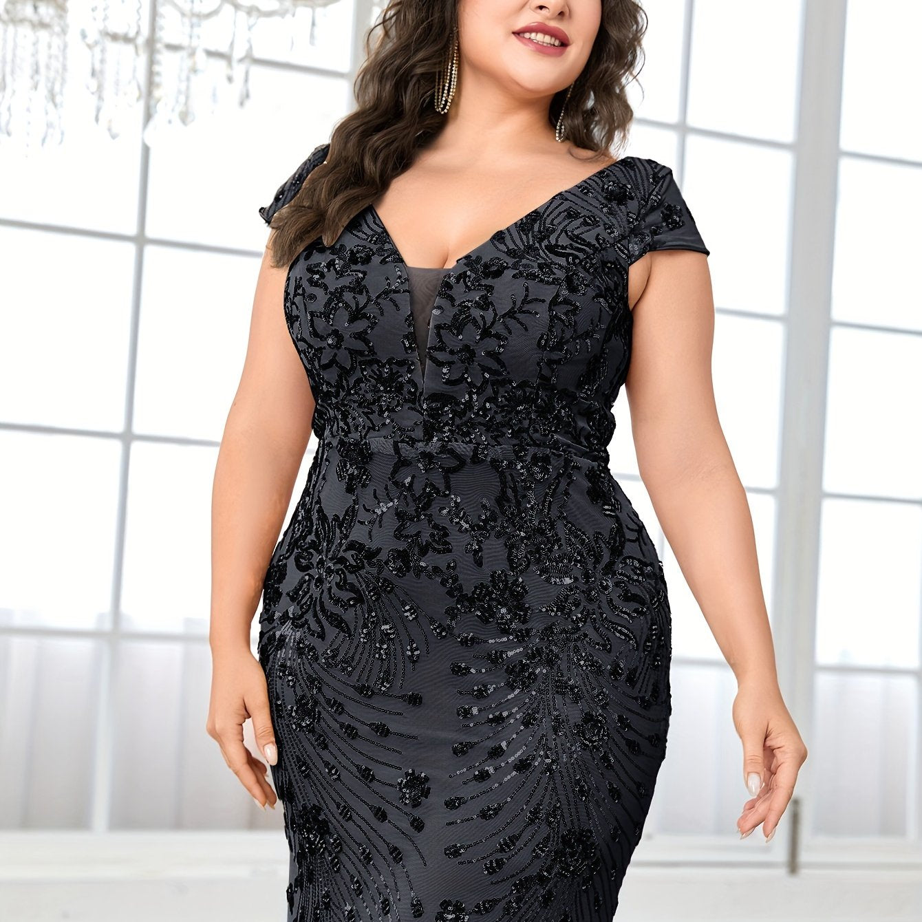 Plus Size Floral Sequin Mesh Bodycon Dress Longline Cap Sleeve Party Wear
