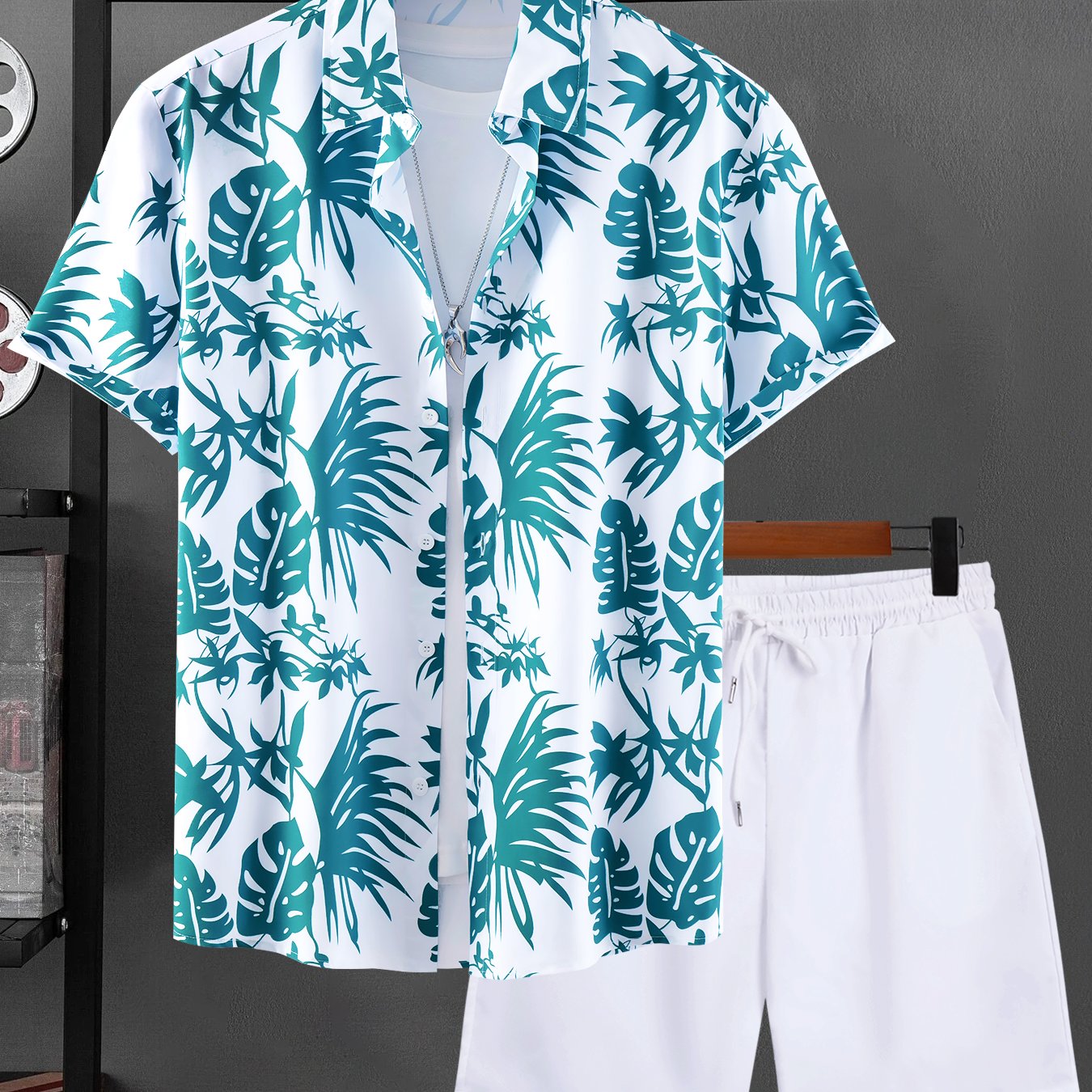 Men's Plus Size Tropical Print Casual Shirt and Shorts Set Polyester Regular Fit Summer Outfit