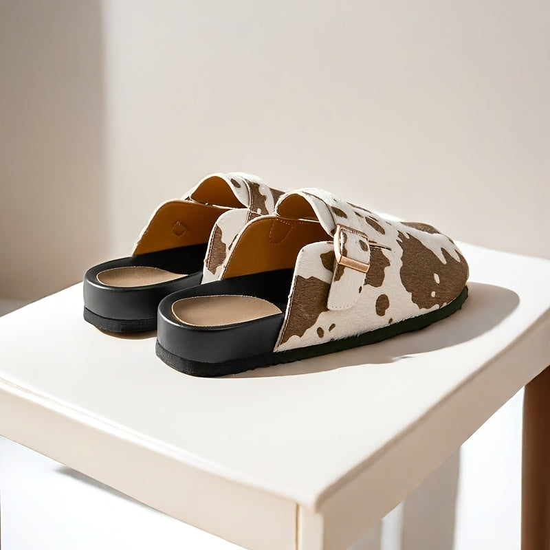 Women’s Faux Leather Slip-On Mules | Casual Closed Toe Shoes in Brown and White Cow Pattern