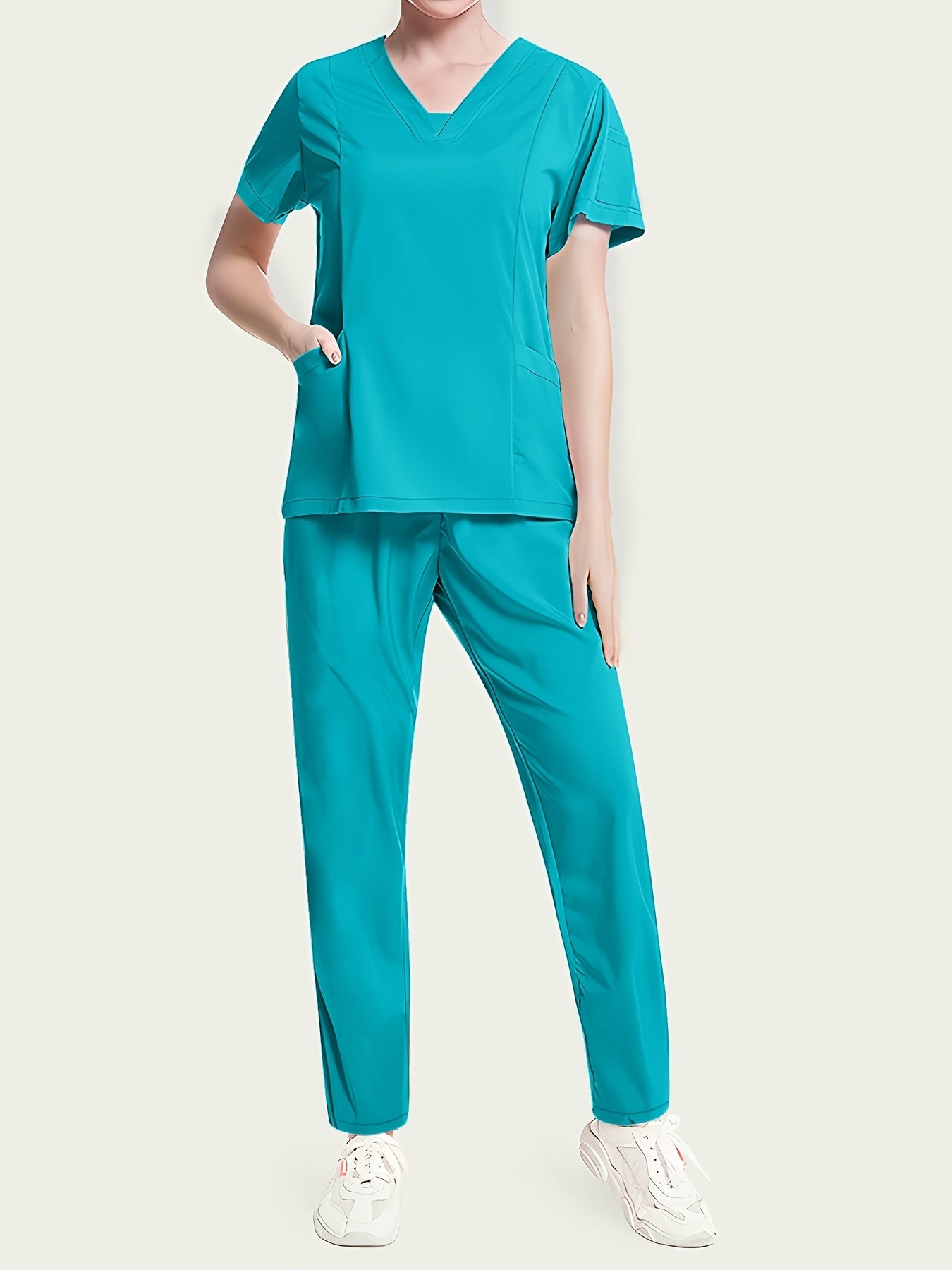 Women's Scrub Set V-Neck Top and Drawstring Pants Breathable Polyester Spandex Medical Uniform