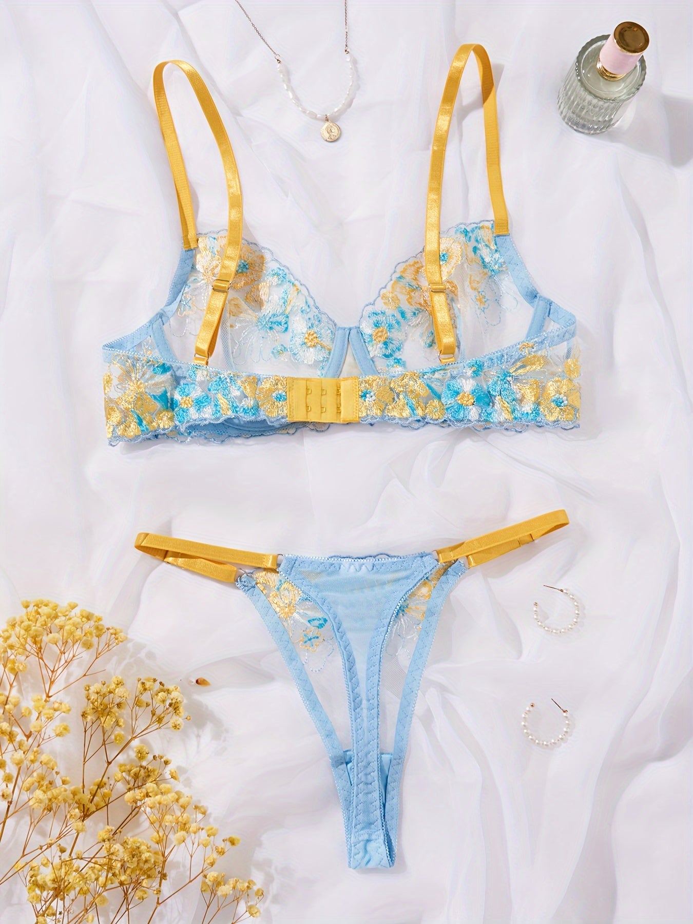 Women's Lace Seductive Lingerie Set with Adjustable Straps and Floral Design