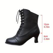 Women's Ankle Boots Faux Leather Chunky Heel Lace-Up Zipper Black