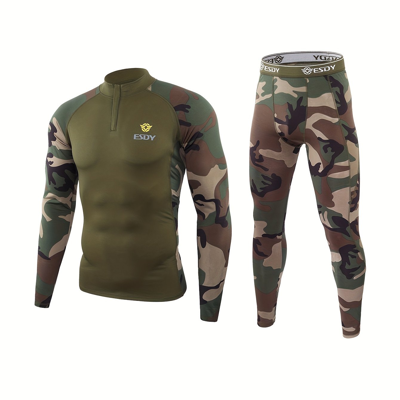 ESDY erkaklar uchun Combat Shirt va Camo Leggings to'plami yuqori cho'ziluvchan tikuv mato bilan zippersi bilan. Tor fit, uzun qo'l, 90% polyester va 10% spandexdan tayyorlangan. Sayohat va ochiq havoda foydalanish uchun ideal.