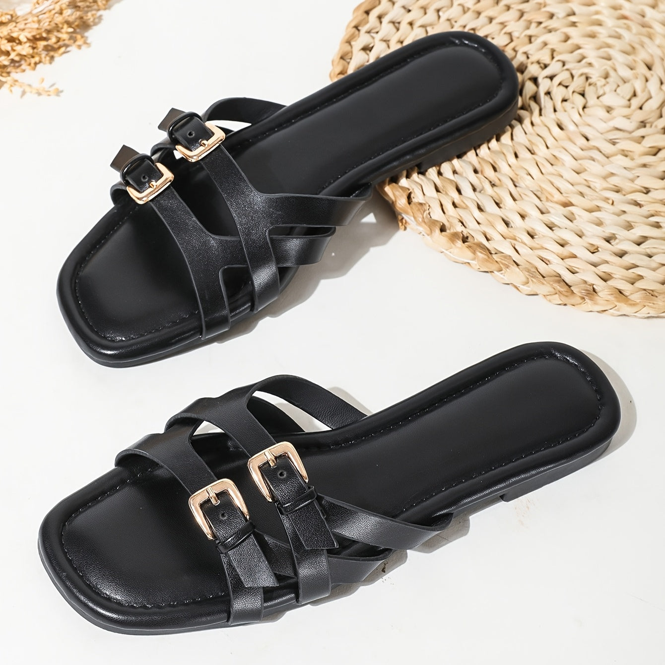 Women's Wide Fit Flat Sandals with Adjustable Straps and Open Toe