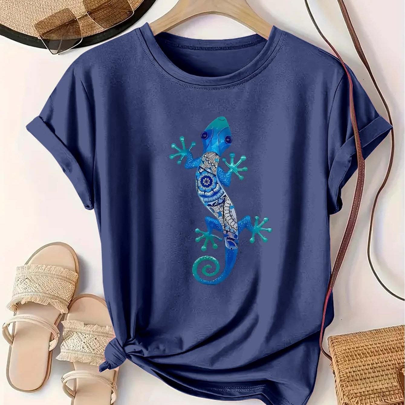Camiseta de algodón casual para mujer talla grande, negra y azul con estampado de lagarto, comodidad para todas las estaciones