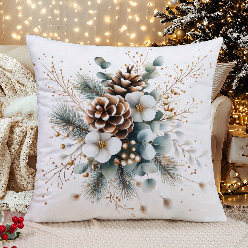 Machine Washable Zippered Polyester Throw Pillow Covers with Pine Cone and Christmas Flower Designs