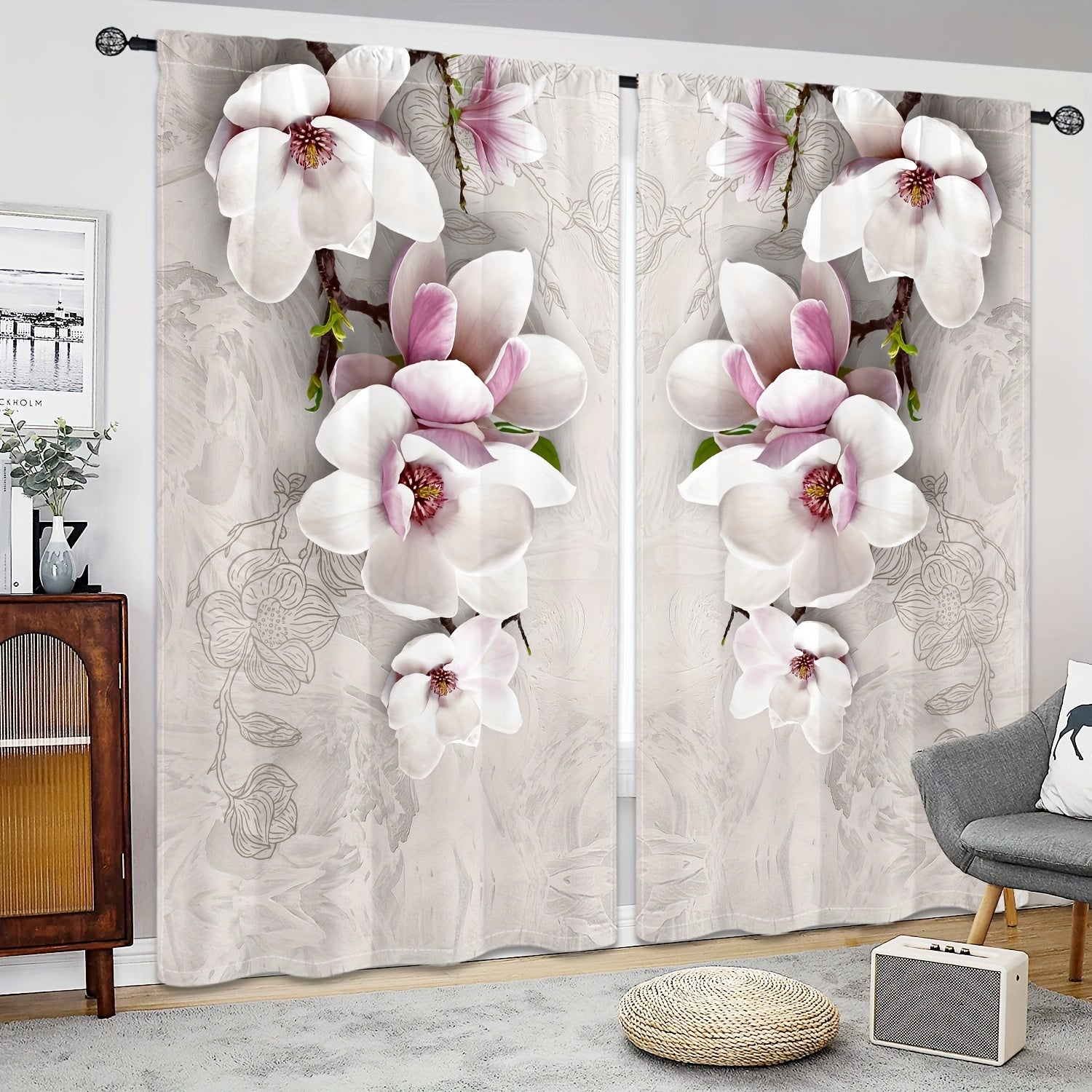 Set of 2 Magnolia Patterned Semi-Blackout Curtains with Rod Pocket for Bedroom Living Room Kitchen