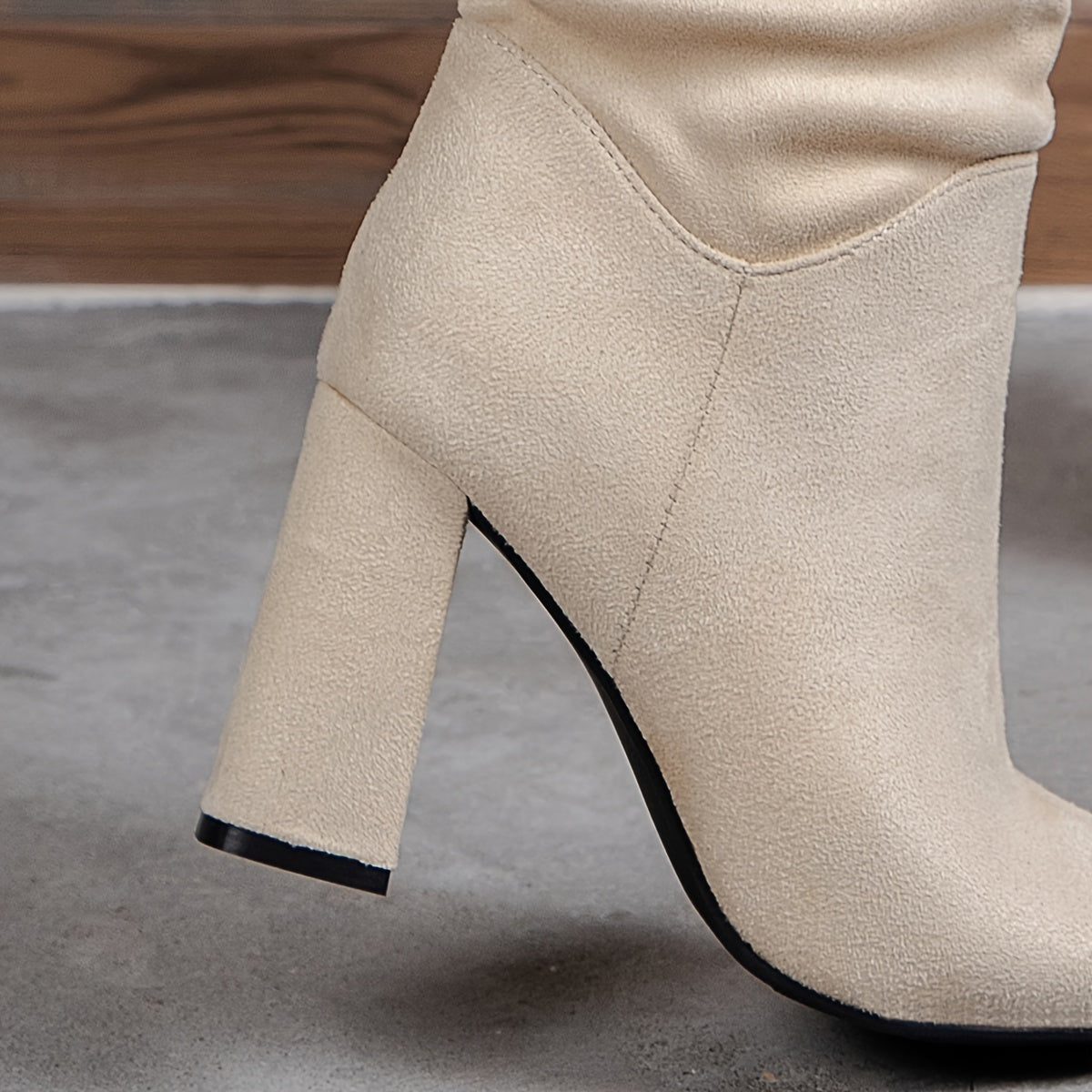 Women's Beige Mid-Calf Boots With Side Zipper and Chunky Heel