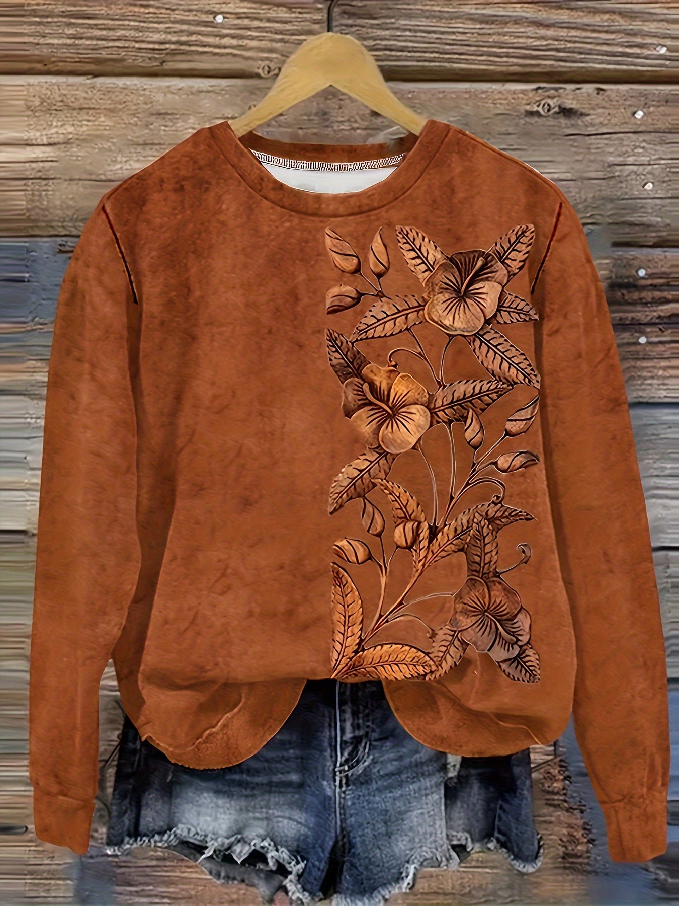 Plus Size Floral Print Sweatshirt Women Long Sleeve Crew Neck Casual Pullover