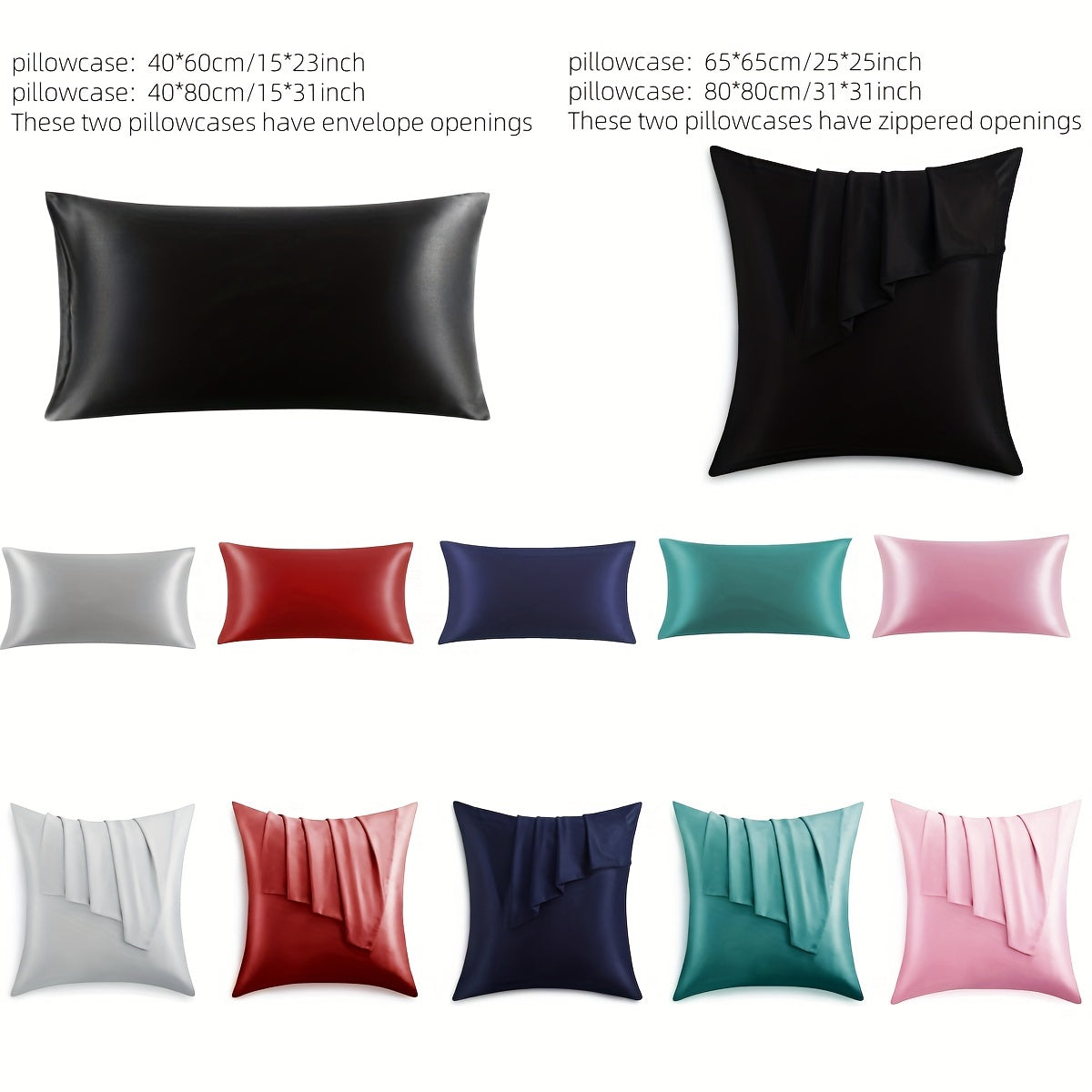 Luxurious Satin Pillowcases Solid Color Zipper Closure Skin-Friendly Hair-Protective