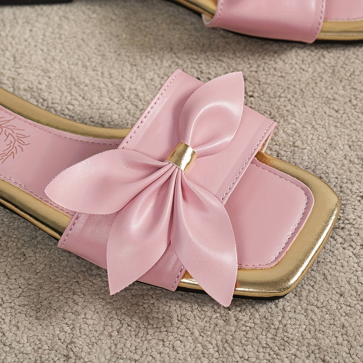 Women's Flat Square Toe Slip-On Sandals with Bow, Pink and Gold