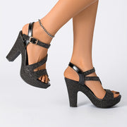 Women's Summer Shoes with Thick Gold Pink Heels, Round Toe, Hollow Design