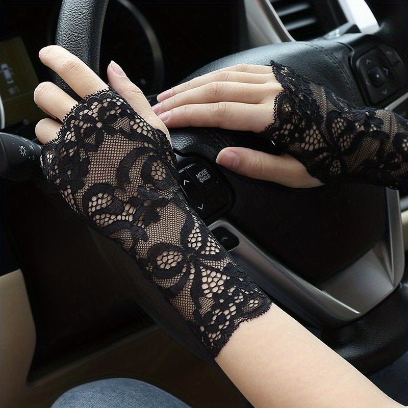 Geometric Lace Half Finger Wrist Sleeves with Thumb Hole for Summer Sunscreen Protection