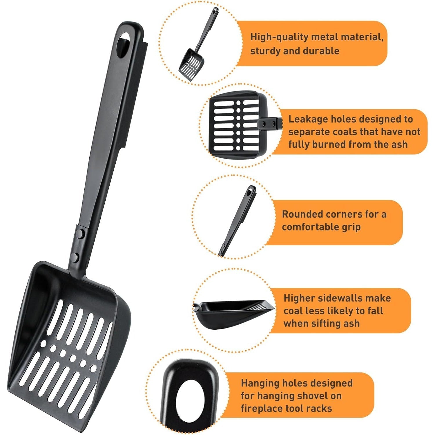 Black 13-Inch Metal Fireplace Ash Scoop with Self-Adhesive Hook for Indoor Wood Stove