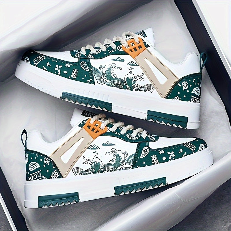 Erkaklar uchun pastki skate poyabzallari, to'lqin naqshiga ega, ochiq havoda yurish va sayohat qilish uchun mos. Sirpanmaydigan tasodifiy poyabzal.