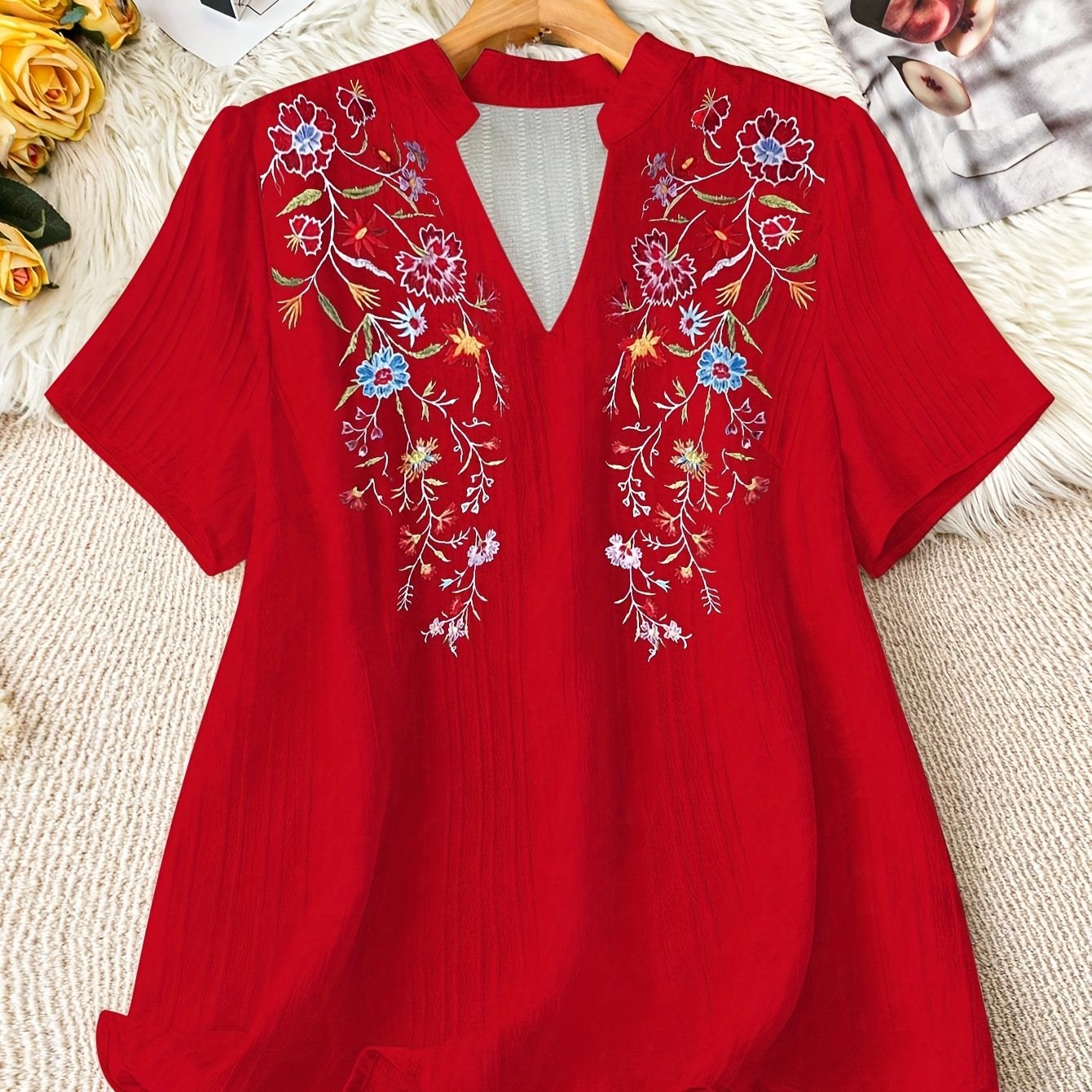 Plus Size Women's Floral Print V-Neck Short Sleeve Blouse Casual Summer White Top