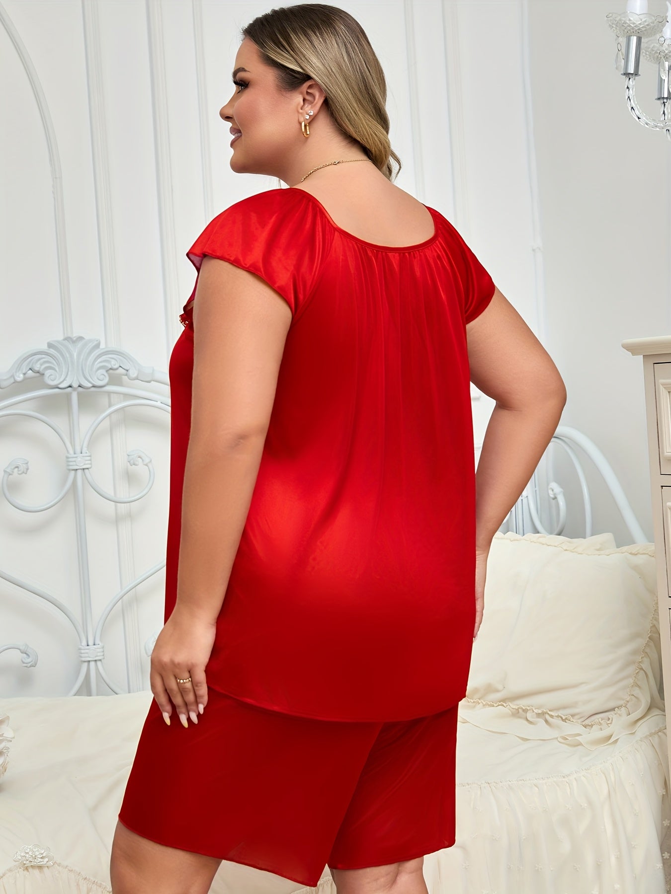 Women's Pajama Set with Bow Detail Polyester Elastane Short Sleeve Top and Shorts