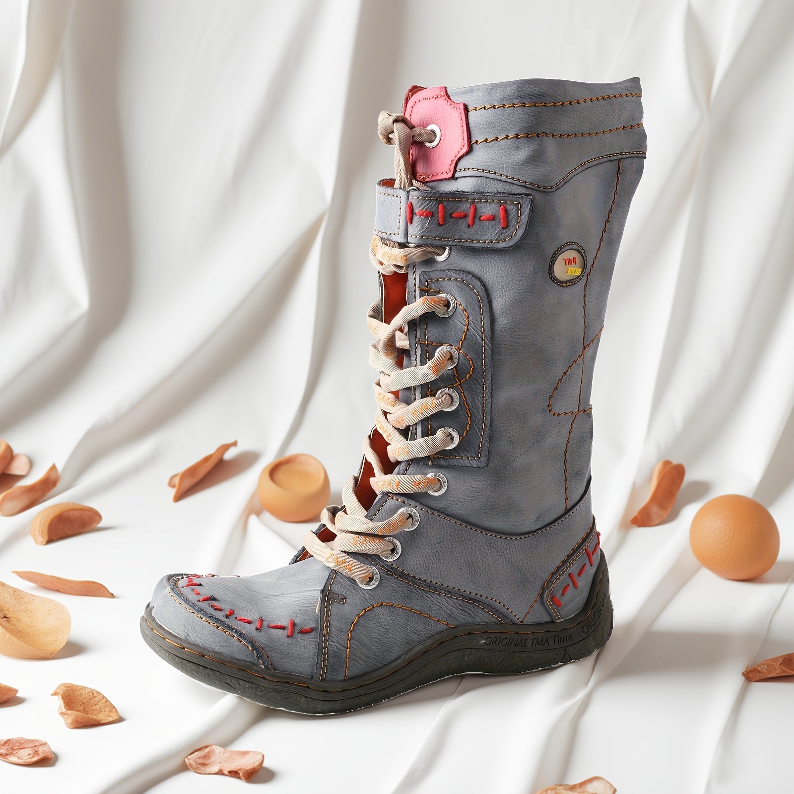 Women's High-Top Leather Lace-Up Hiking Boots with Colorful Accents