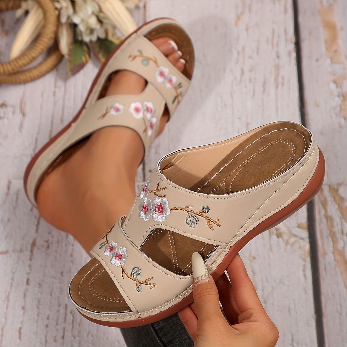 Women's Floral Wedge Sandals Faux Cover Open Toe Slip-On Summer Shoes