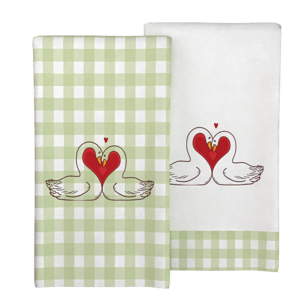 Valentine's Day Kitchen Towels Set 2 Pieces Heart Swans Design Quick-Dry Polyester