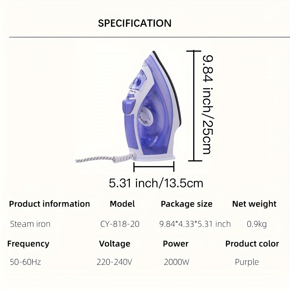 2000W Steam Iron for Clothes Non-Stick Soleplate Adjustable Thermostat