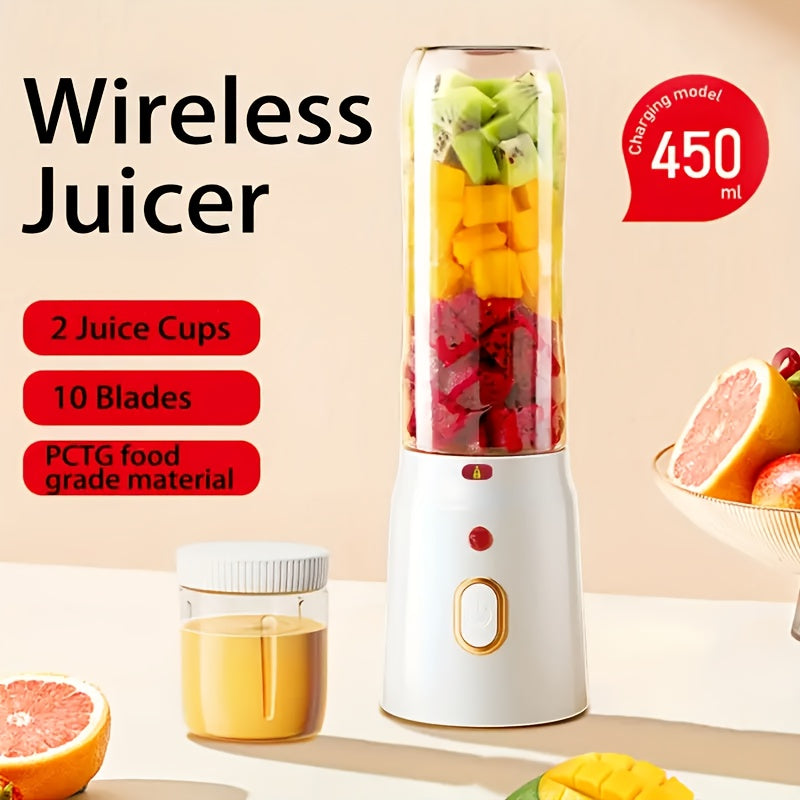 Wireless Compact Blender 450ml with 10-Blade USB Rechargeable Shaker for Smoothies and Ice