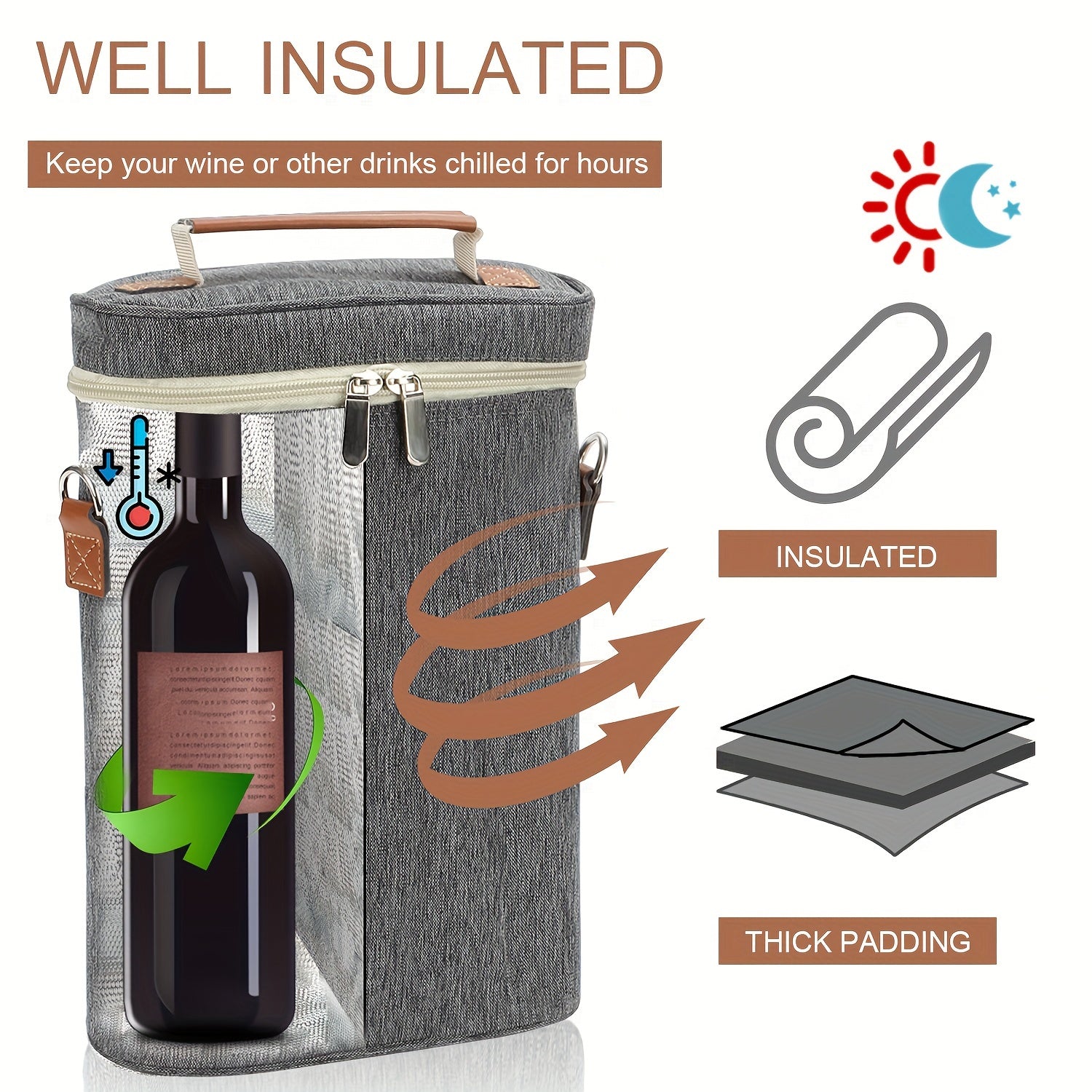Insulated Wine Tote Bag with Shoulder Straps and Corkscrew for Picnics