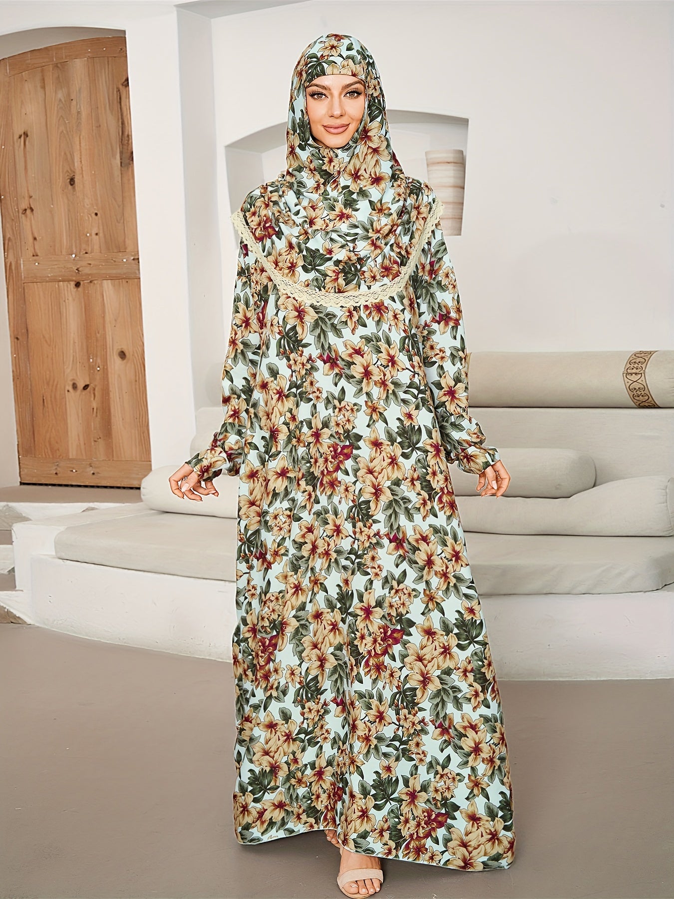 Plus Size Floral Dress Long Sleeve Prayer Dress with Hijab