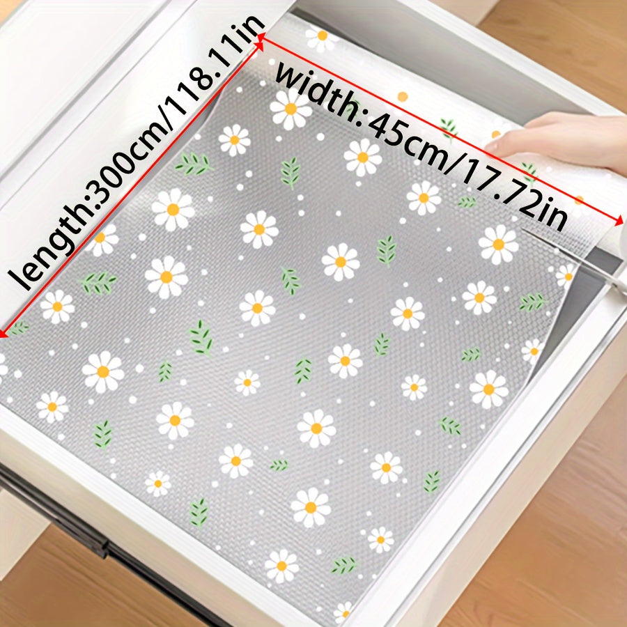 Oshxona shkaflari, tortmalar va poyabzal tokchalari uchun shaffof romashka naqshli javon qoplamasi - Suv o'tkazmaydigan, nam o'tkazmaydigan, dog' va yog'ga chidamli, mog'or oldini oluvchi, chang o'tkazmaydigan - Yapishqoq bo'lmagan EVA mat - 1 rolik