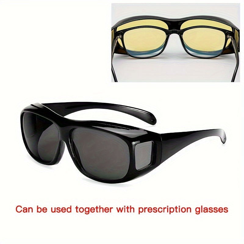 Men Women Oversized Black Frame Sunglasses with Yellow Lenses for Night Driving Set of 2