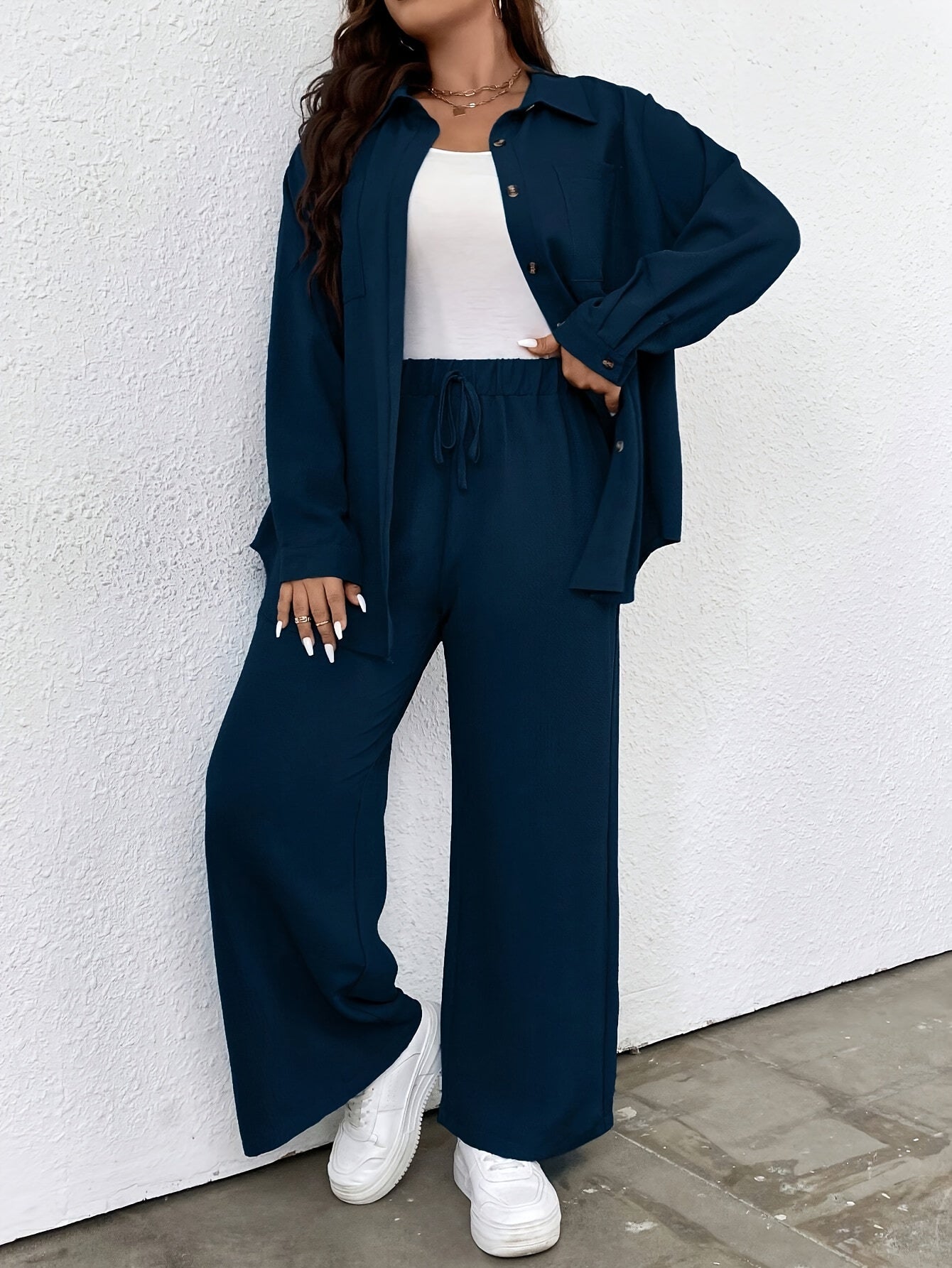 Plus Size Solid Color Pants Set with Shirt and Tie Waist Women Casual