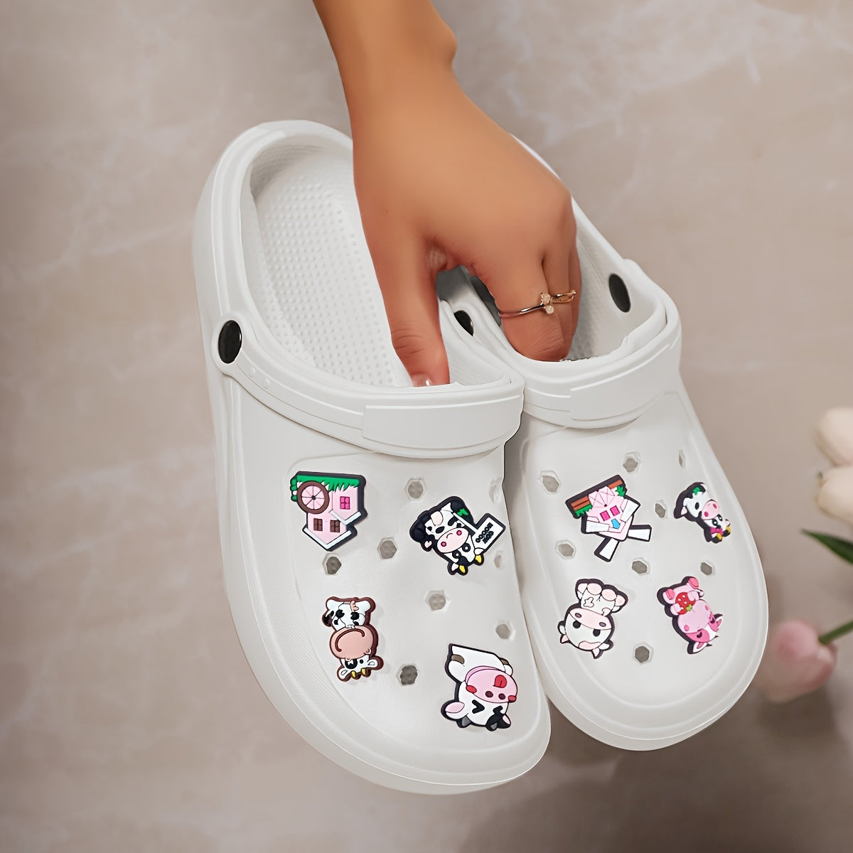Women's Summer EVA Clogs with Cartoon Cow and Windmill Charms Sandals
