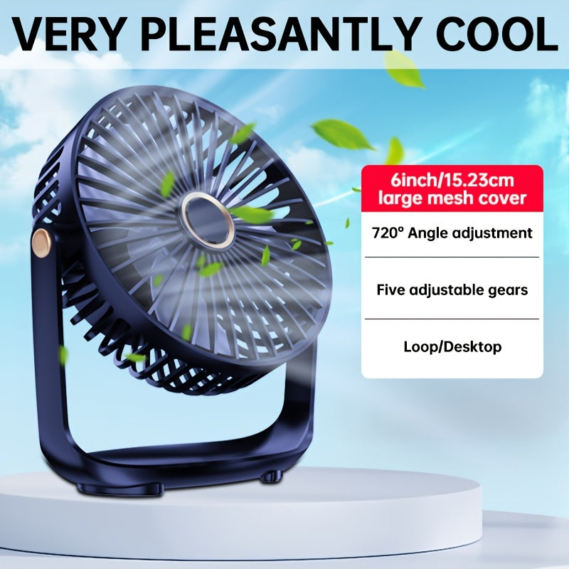 Mini Desktop Fan with Night Light, USB Rechargeable, 5-Speed Settings
