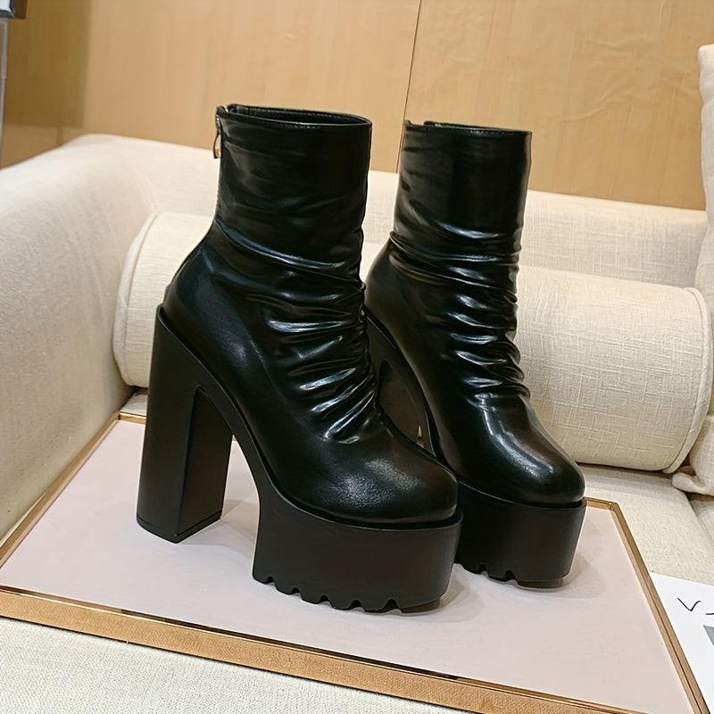 Women's Black Block Heeled Boots Round Toe Zipper Platform Shoes