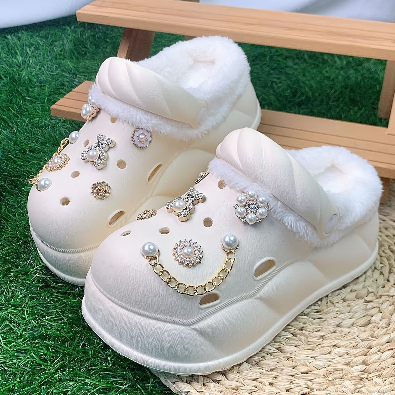 Women's Faux Fur-Lined EVA Slippers with Gold Bear and Floral Charms