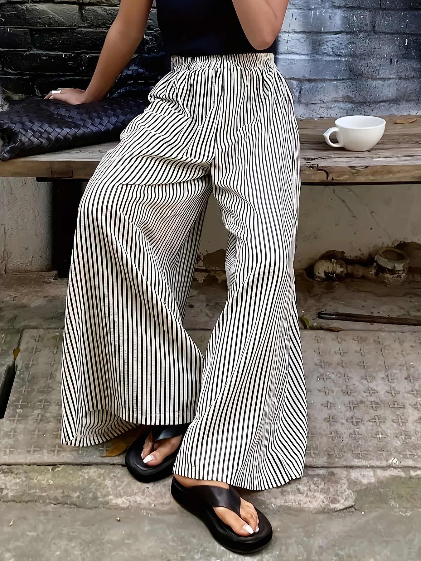Women's Polyester Wide-Leg Pants Elastic Waist Black and White Stripes