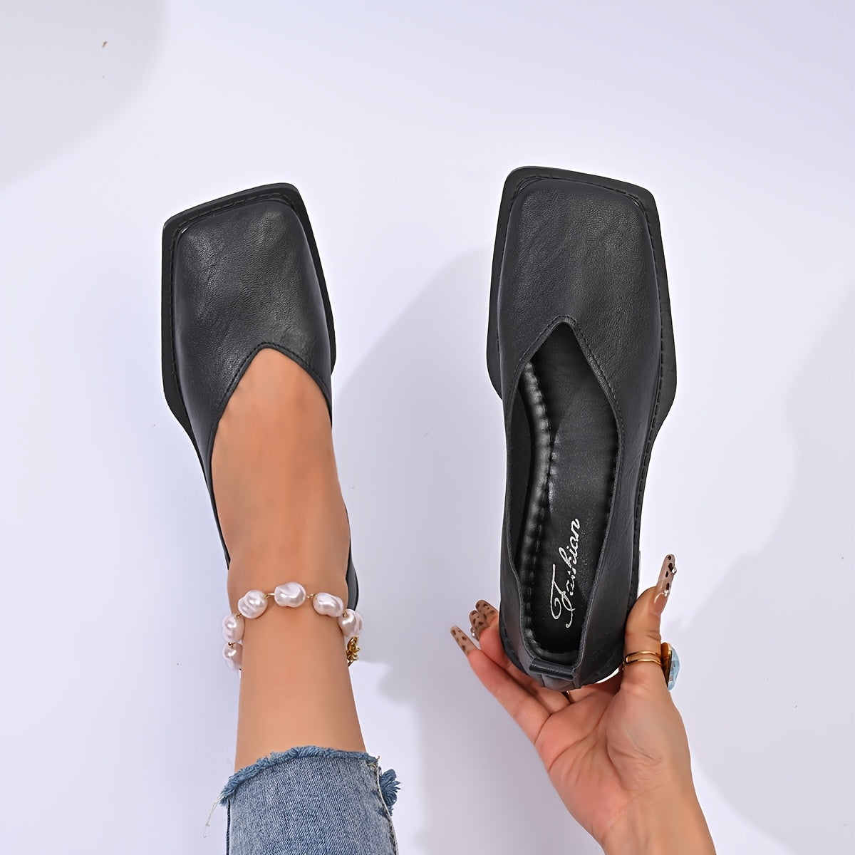 Ayollar uchun Slip-On kvadrat barmoqli balandligi sintetik past blok poyabzal, kundalik kiyim uchun oyoq kiyim