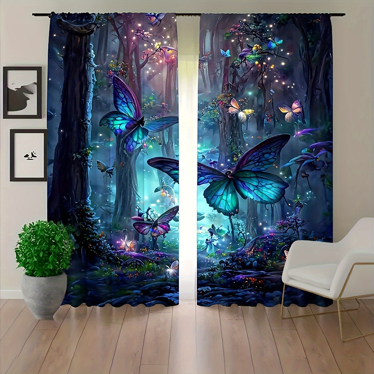 Blue Butterfly Forest Curtains Set Polyester Digital Print Fade-Resistant for Living Room