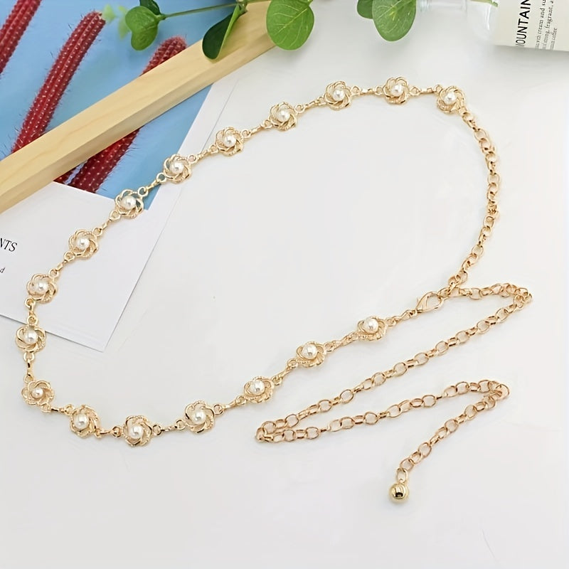 Женский пояс-цепочка с искусственными жемчужинами в корейском стиле, металлический тонкий ремень для платья и юбок