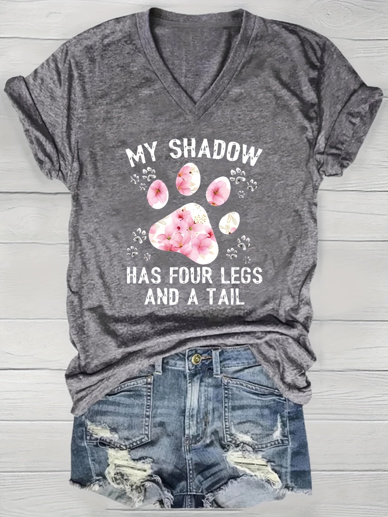 Women's Heather Gray V-Neck Short Sleeve T-Shirt with Graphic Print