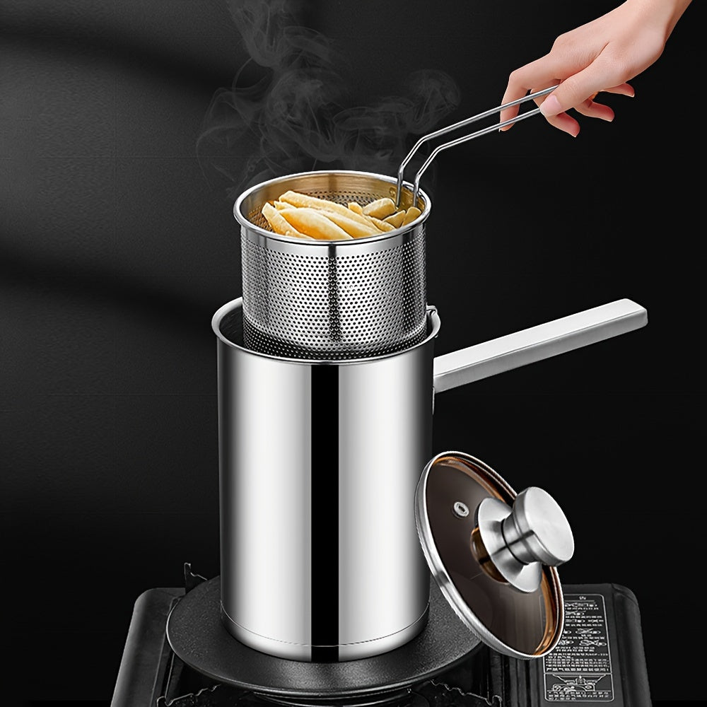 304 Stainless Steel Deep Fryer Pot with Strainer Basket and Foldable Handle