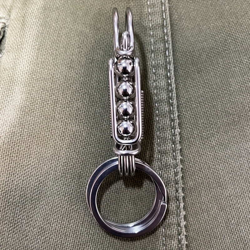 Men's Stainless Steel Keychain with Engraved Bead and Mechanical Buckle