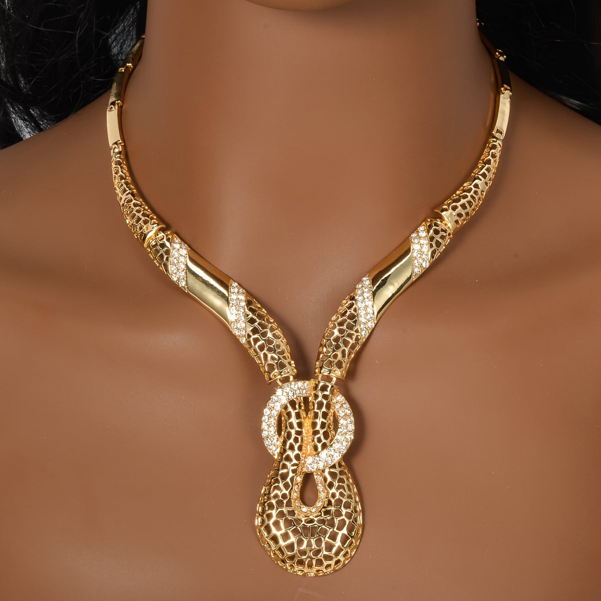 Gold Tone Geometric Jewelry Set with Necklace Bracelet Earrings and Ring for Weddings and Parties